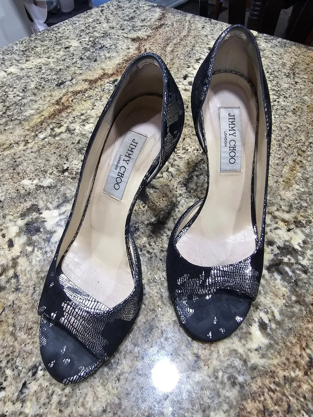 Jimmy Choo Black Metallic Lace Peep-Toe Pumps Size 37 (6.5) Made In Italy